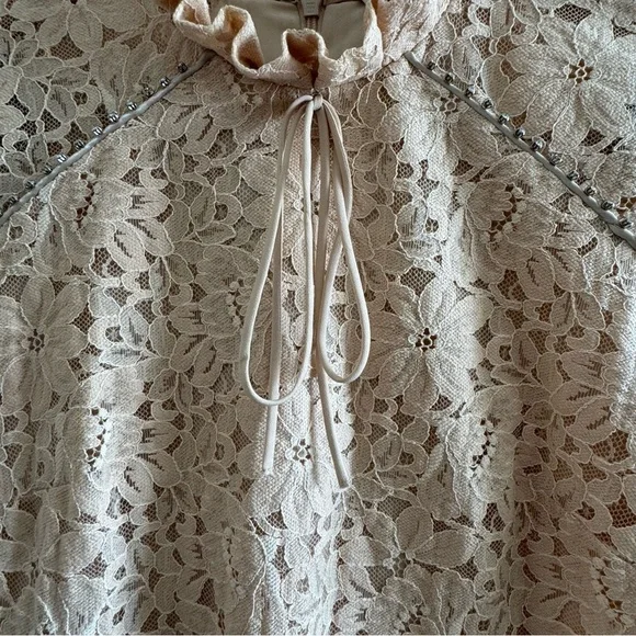 Sandro Peach High Neck Lace Rhinestones Cocktail Mini Dress size 40/ US4 - Picture 10 of 16